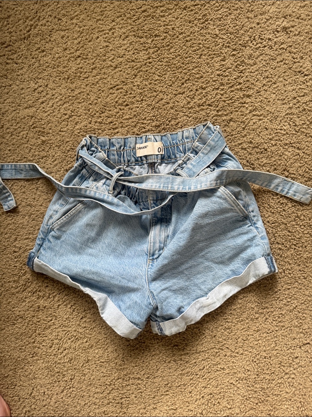Garage Light Blue Paperbag Waist Denim Shorts with Tie